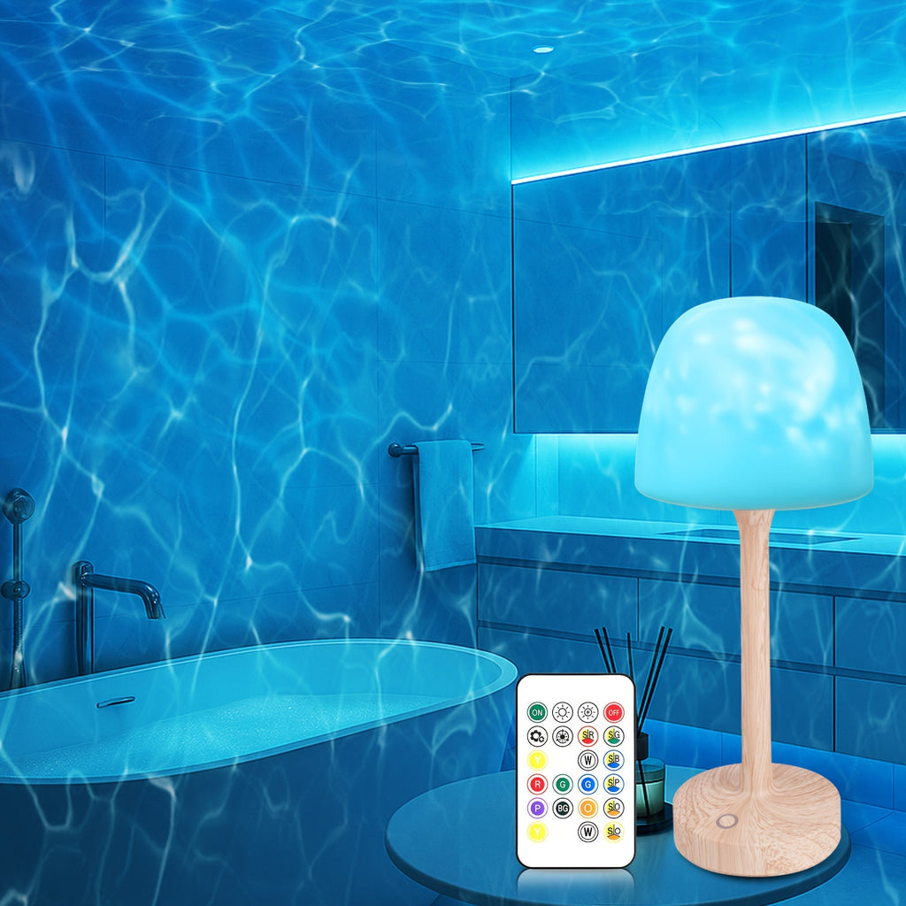 Ocean Wave LED Projector Lamp ¨C 16 Color Rechargeable Cordless Night Light with Remote, Water Ripple Atmosphere Lamp for Bathroom Bedroom, Portable Table Lamp, RGB & Wood Base Options