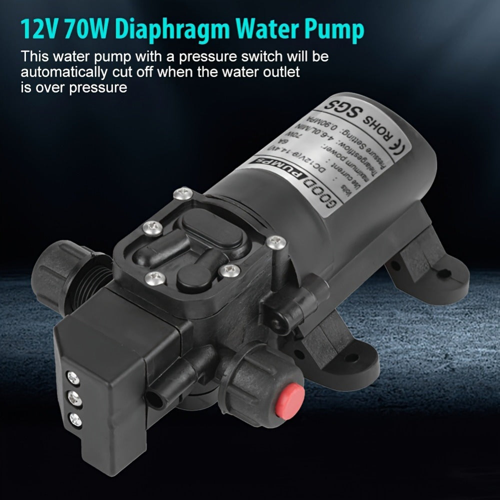 12V DC High Pressure Diaphragm Water Pump 70W Self Priming Pump 6L/Min 0.9MPA Portable Booster Pump for RV Caravan Boat Sprayer Cooling Welding Drill Cleaning Water Transfer