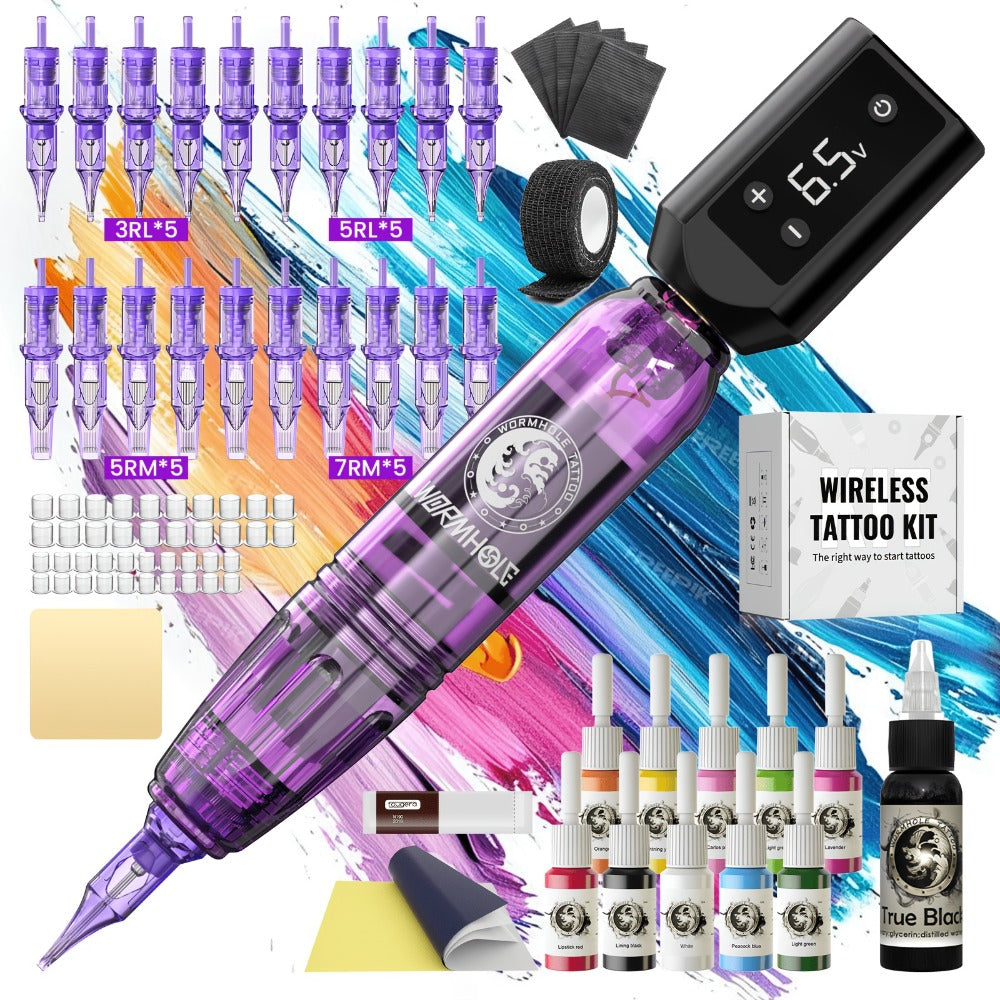 WORMHOLE Professional Wireless Tattoo Pen Kit ¨C All-in-One Beginner & Artist Set with 8000RPM Quiet Motor, 1200mAh Battery, Digital Display, Cartridge Needles, Inks & Practice Skin