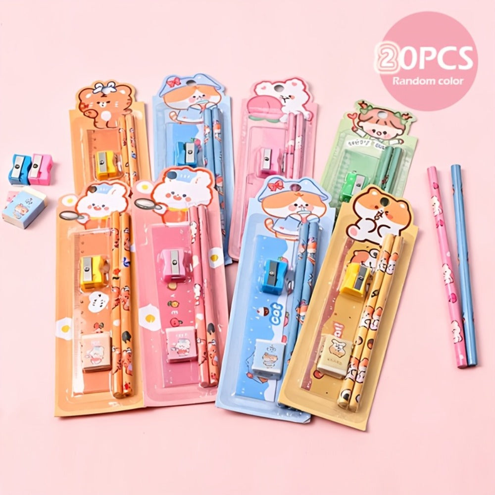 20-Piece Cartoon Pencil Stationery Set with Ruler Eraser Sharpener, Random Cartoon Styles, Kids School Supplies, Party Favor Prizes, Festival Gift Set for Students