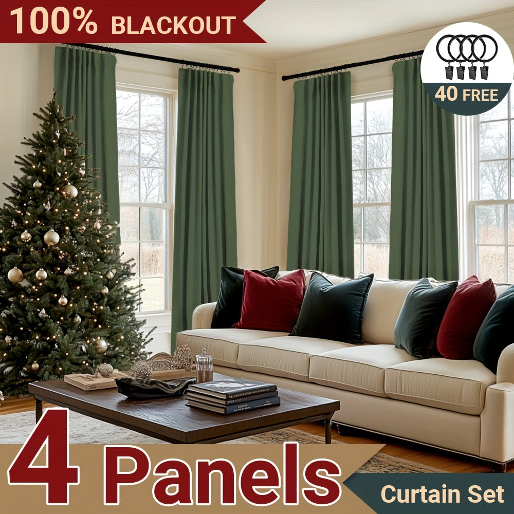 100% Blackout Curtains 4 Panels Faux Linen Textured Thermal Insulated Drapes - Room Darkening Window Curtains for Living Room Bedroom, Clip Rings & Rod Pocket, Energy Efficient Home Decor 50W x 84-120L
