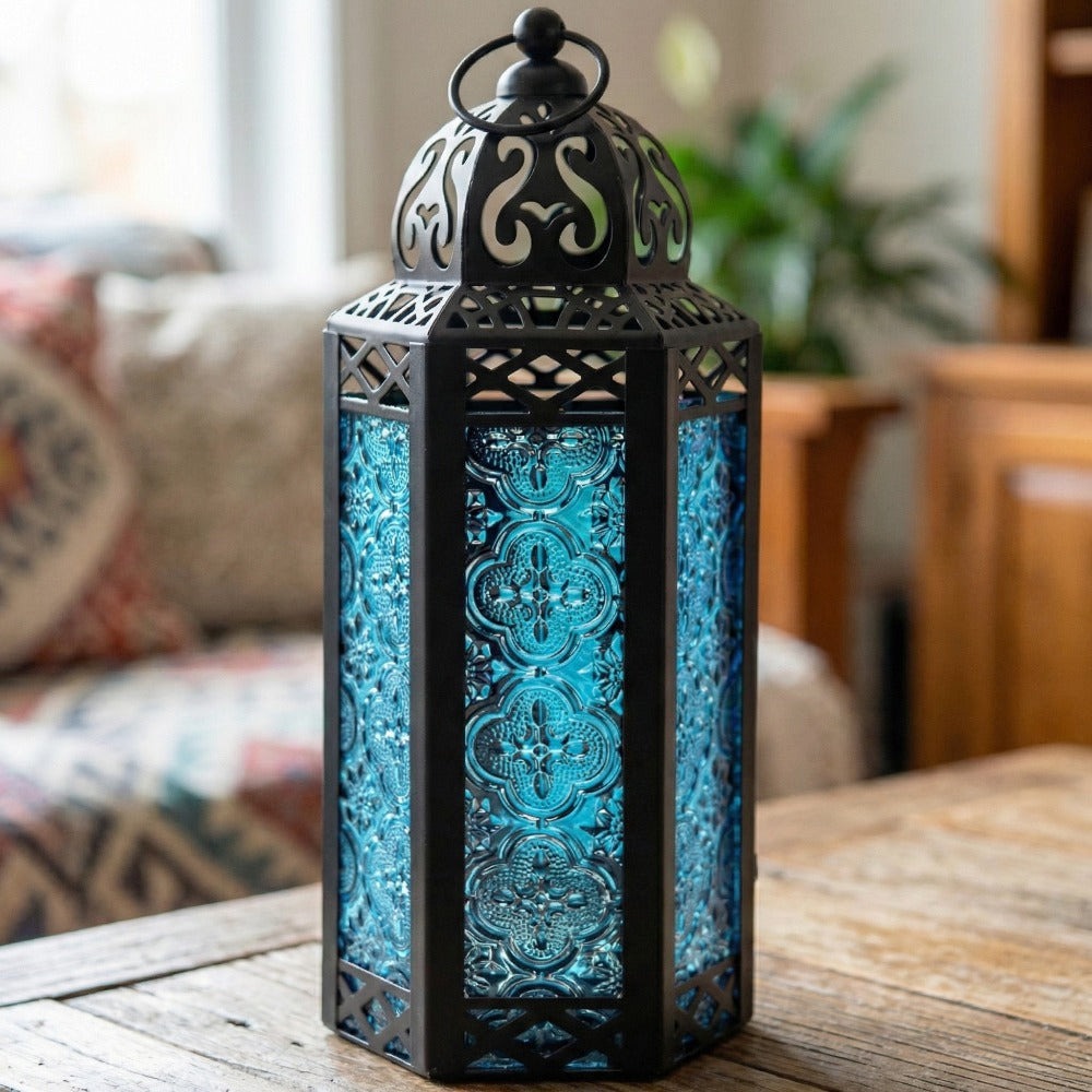Moroccan Candle Lantern Holder - Decorative Metal & Glass Lantern with Embossed Floral Design for Indoor Home Decor, Garden, Patio, Weddings, Ramadan, Halloween & Holiday Celebrations - 10.5¡± Tall Medium Size