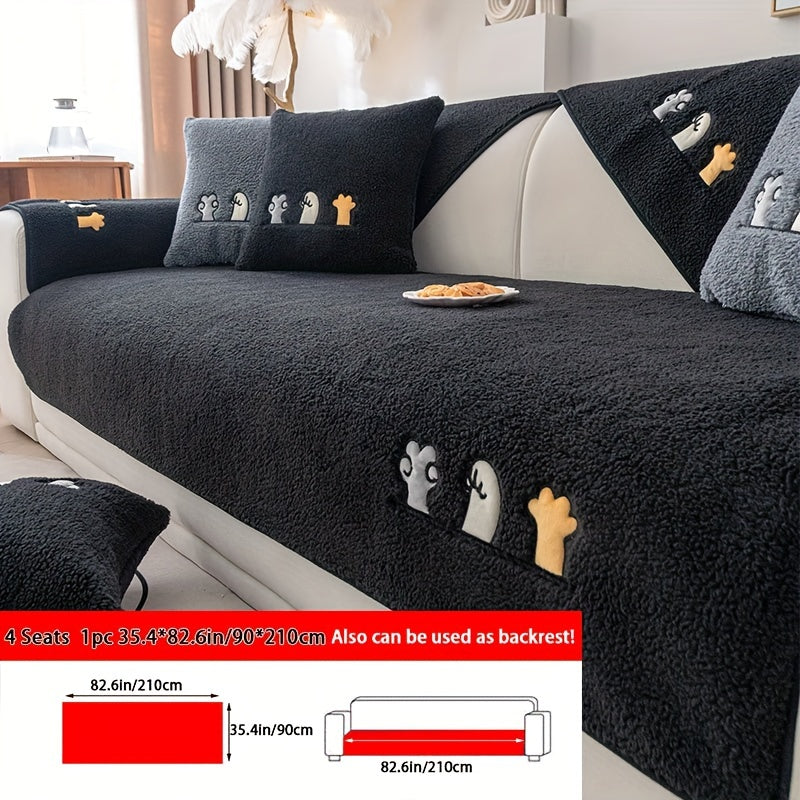 Plush Shearling Sofa Cover Non-Slip Pet-Friendly Couch Protector Animal Bone Embroidery Soft Warm for Living Room Bedroom Office 2 3 4 Seater