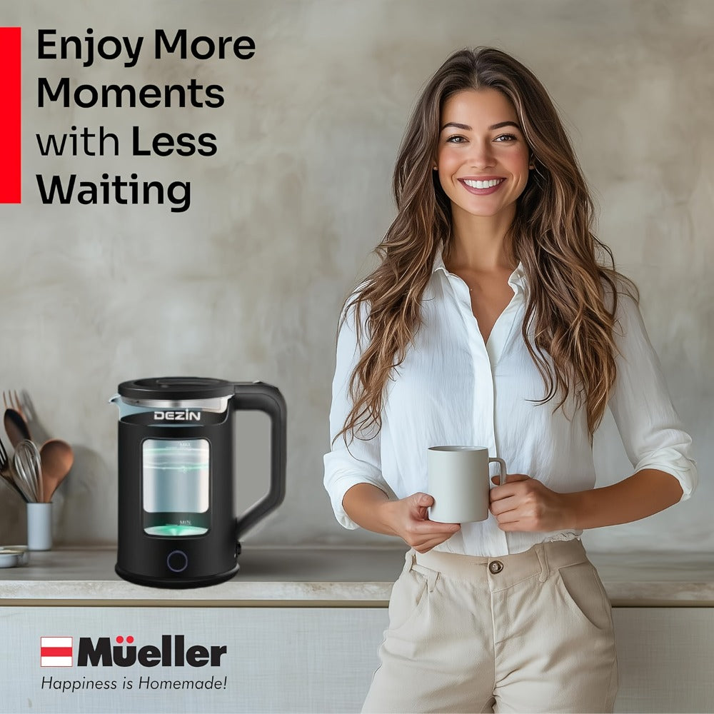 Glass Electric Kettle with Blue LED Light ¨C 1.5L Borosilicate Glass Water Boiler, Auto Shut-Off & Boil-Dry Protection, Fast Heating Hot Water Kettle for Tea & Coffee ¨C Azure, Black