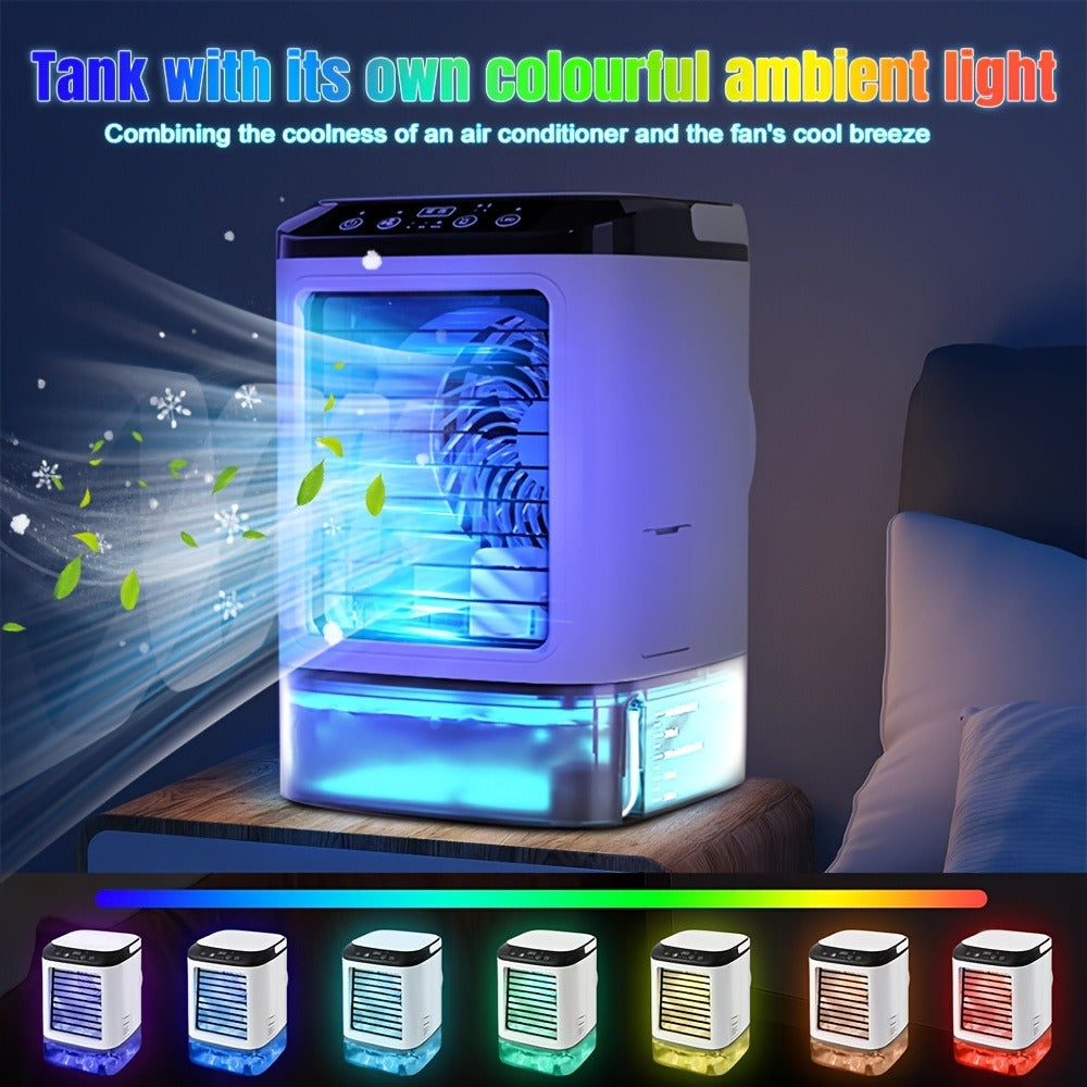 Portable Air Cooler Fan USB Humidifier with Rainbow Ambient Light, 3-Speed Atomization Misting Fan with Large Ice Box and Low Noise, Personal Desktop Cooling Fan Gift for Home, Office and Bedroom