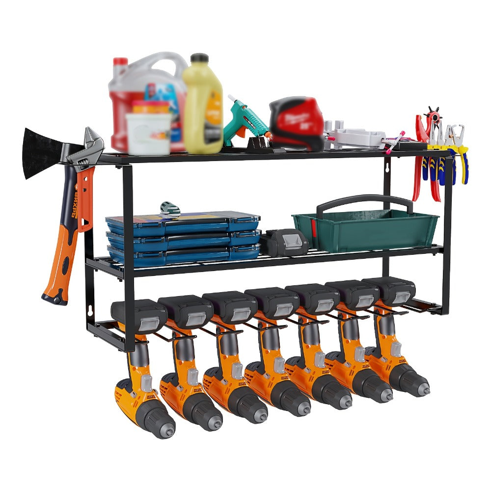 Wall Mount Power Tool Storage Rack, Heavy-Duty 150 Lb Steel 3-Tier & 4-Tier Garage Tool Organizer with 7 Bit Holders ¨C Workshop Shed Basement Wall Storage