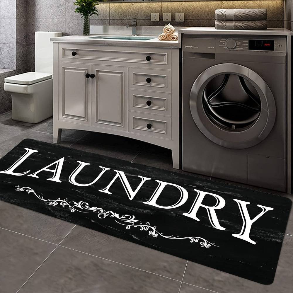 Laundry Room Mat Black & White LAUNDRY Text Non-Slip Machine Washable - Soft Polyester Cut-Pile Floor Rug for Laundry Room, Bathroom, Kitchen & Hallway, Bold Lettering Modern Farmhouse Decor