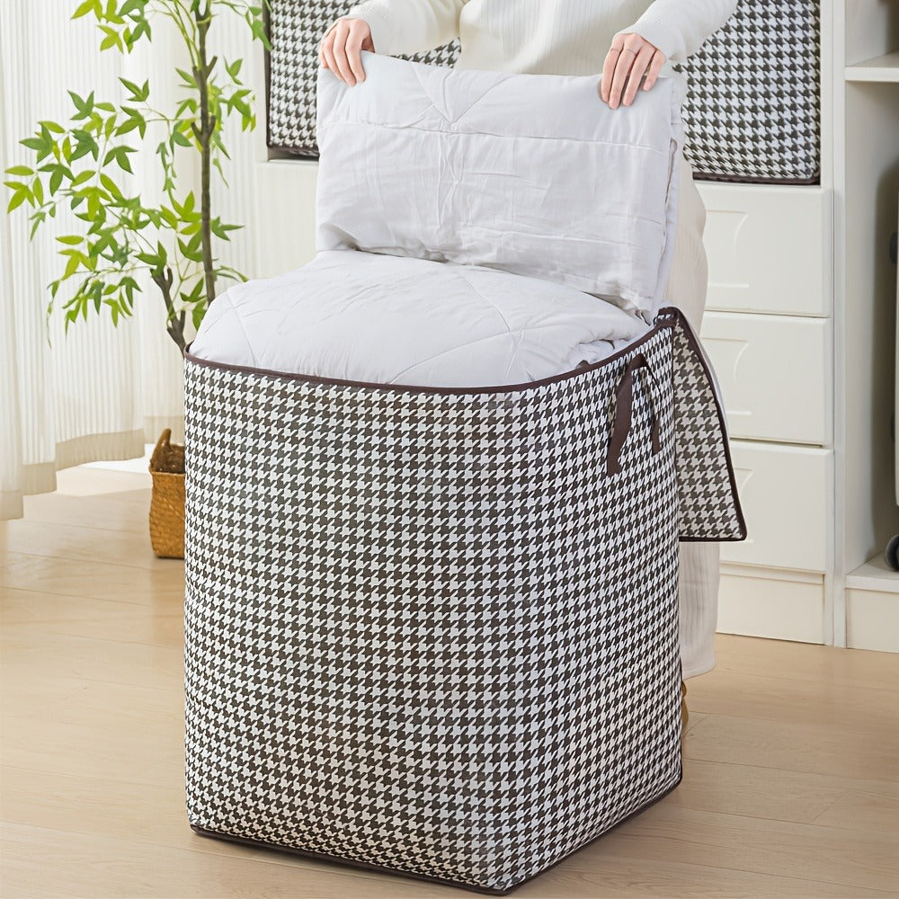 Large Storage Bags Houndstooth Non-Woven Fabric Organizer with Double Zipper & Handles ¨C 160L/180L Dustproof Foldable Storage Box for Bedroom, Closet, Moving, Travel & Dorm, 1pc or 3pcs Set