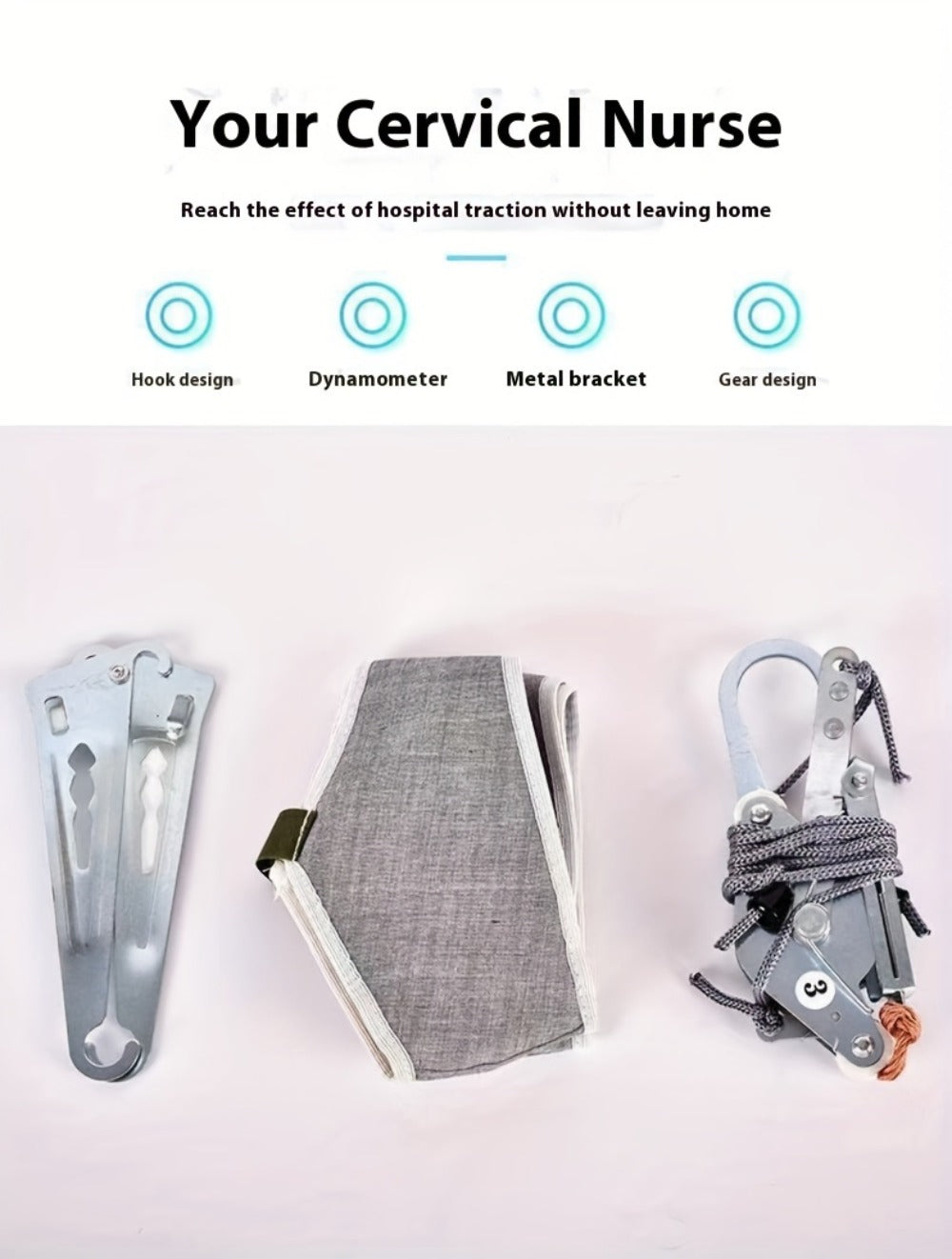 Cervical Traction Device with Handle, Adjustable Neck Traction Belt & Shoulder Massager, Spinal Decompression Pillow for Muscle Tension Relief, Durable Iron & Nylon Home Neck Stretcher