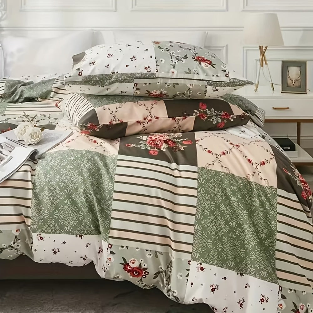 Floral Duvet Cover Set 3 Piece - Zipper Closure Patchwork Comforter Cover with 2 Pillowcases, All-Season Lightweight Kids Bedding Set, Pastoral Flower Plaid Print, Twin Full Queen King