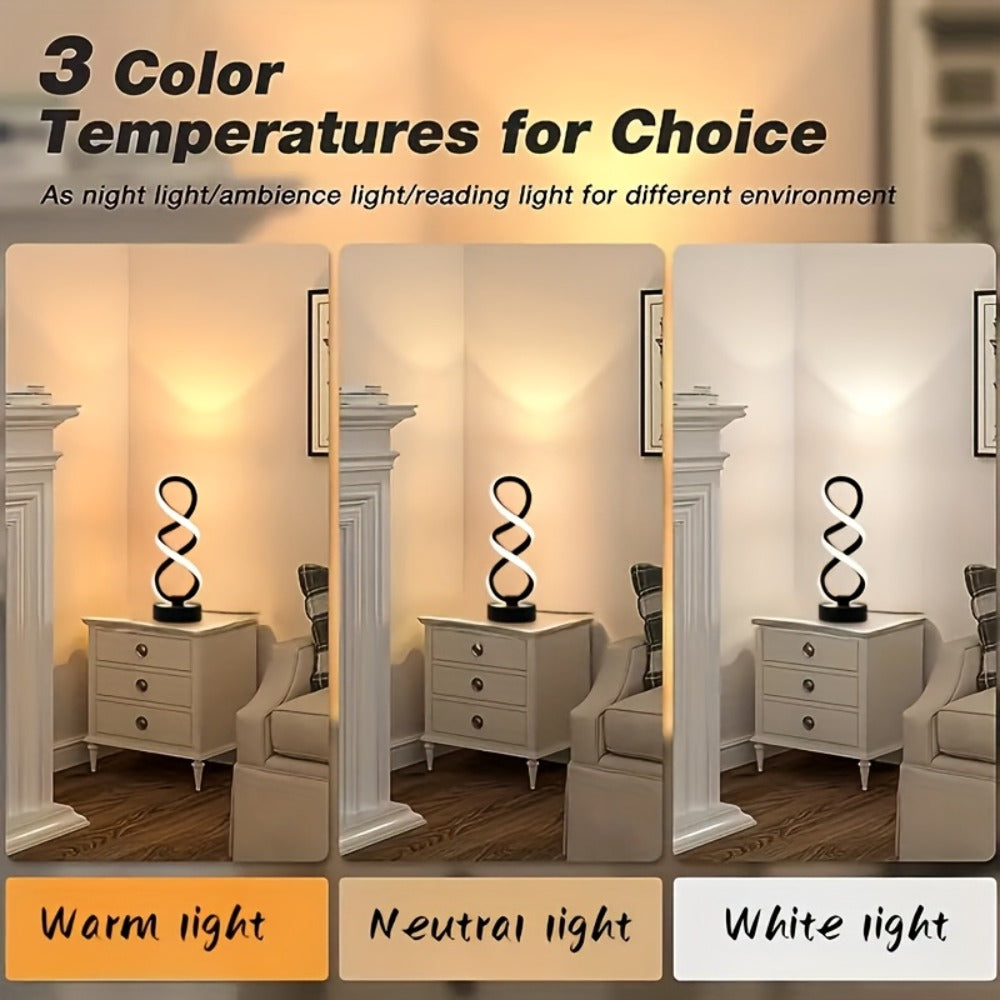 Spiral LED Table Lamp, Dimmable Push Button Control Desk Light for Bedroom Living Room Office, Modern Metal Base Indoor Accent Lamp, Unique Spiral Design Home Decor Gift for Christmas Birthday Valentine