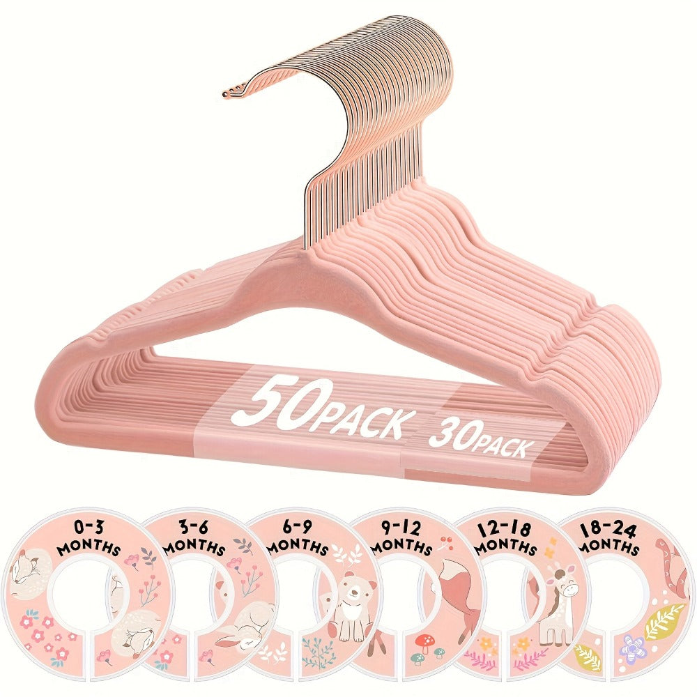 Baby Hangers Pink Velvet Non-Slip Nursery Closet Kids Clothes Hangers with Size Dividers for Infant Toddler Girls Boys 50/30pcs