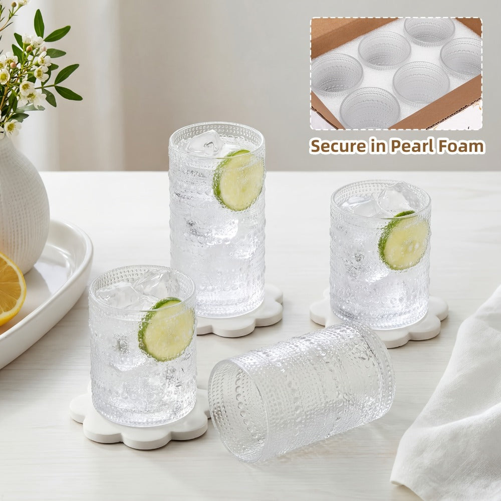 Drinking Glasses Set 12pcs ¨C 12 Oz & 10 Oz Highball Glasses, Clear Embossed Boho Glass Cups for Juice, Coffee & Milk, Kitchen Glassware Gift Set for Christmas