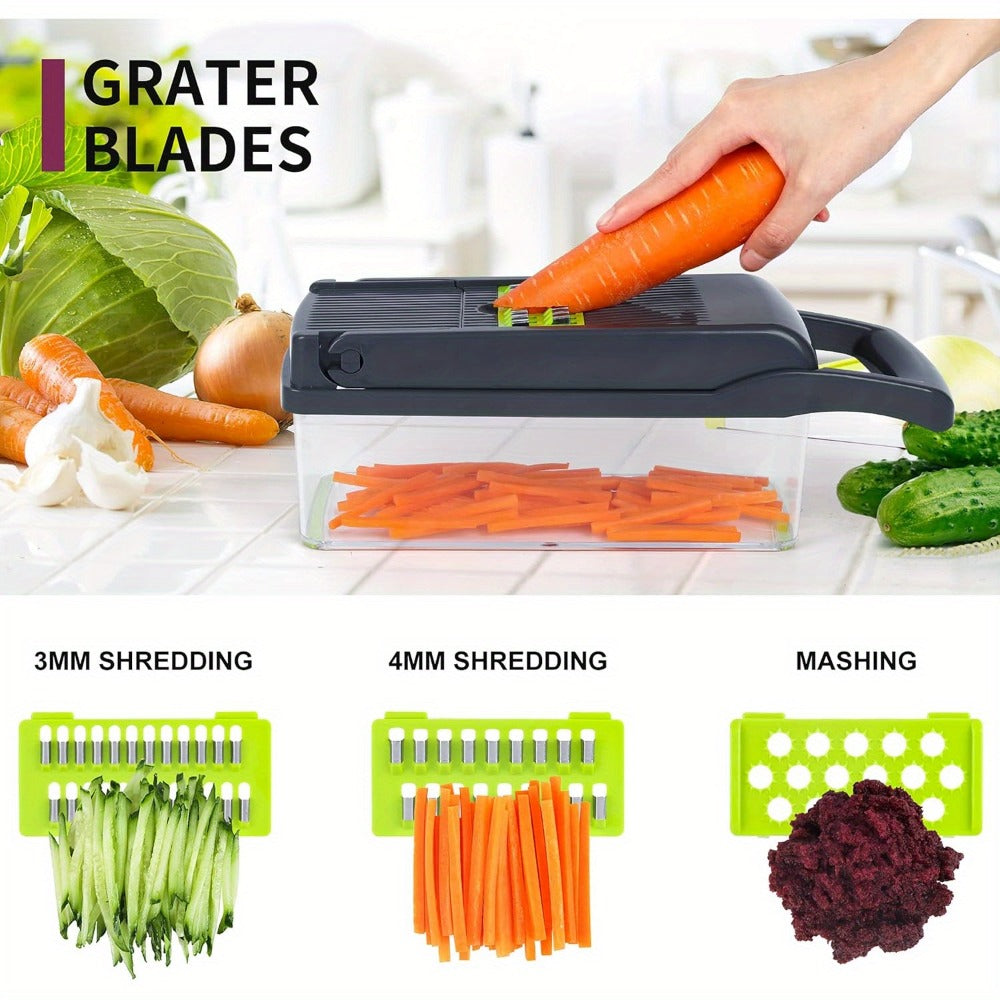 Vegetable Chopper 16-in-1 Manual Food Chopper Set ¨C 8 Interchangeable Blades with Container, Grater & Strainer ¨C Professional Onion Slicer & Dicer for Carrots, Garlic & Salad Kitchen Prep