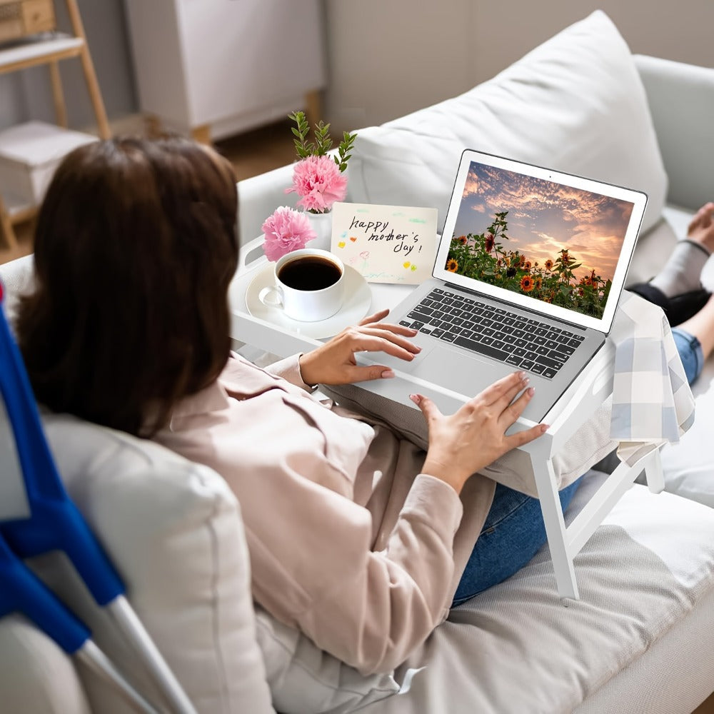 Bamboo Bed Tray Table with Foldable Legs & Handles, Breakfast Tray for Eating, Working & Snacking in Bed ¡ª Food-Safe, Durable Lap Desk | White, Black, Natural Bamboo | 1 or 2 Pack