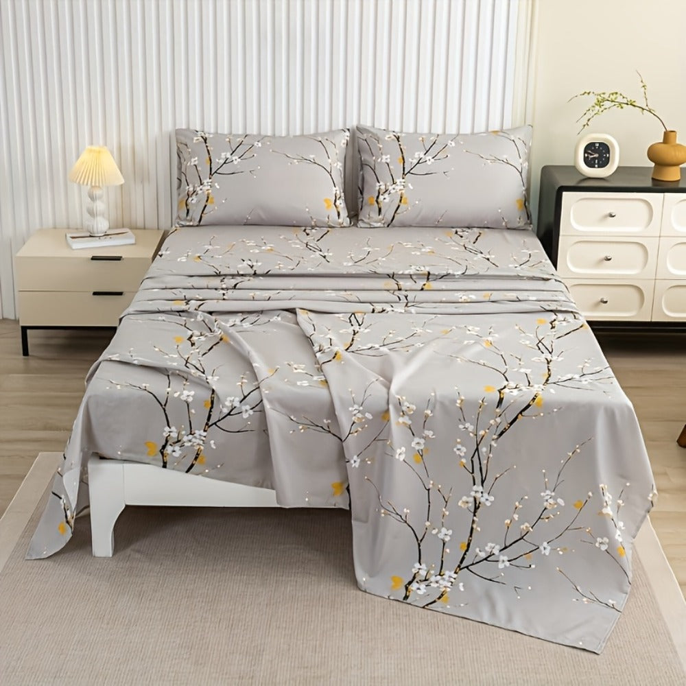 Fitted Sheet Set 4-Piece Plum Blossom Floral Print | Deep Pocket 15¡± Bed Sheets Twin Full Queen King | Soft Polyester Bedding Set with 2 Pillowcases, All-Season Machine Washable