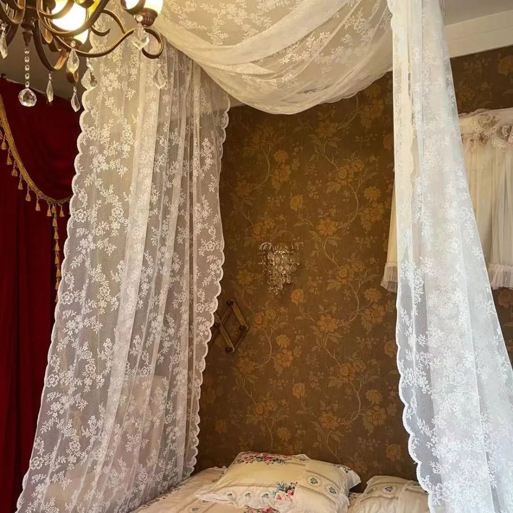 Lace Bed Canopy Mosquito Net ¨C Bohemian Romantic Sheer Bed Curtain for Bedroom, Hotel & Morocco Style Decor | Elegant White Princess Bed Drape for Twin, Full, Queen & King | 57x236 Inch