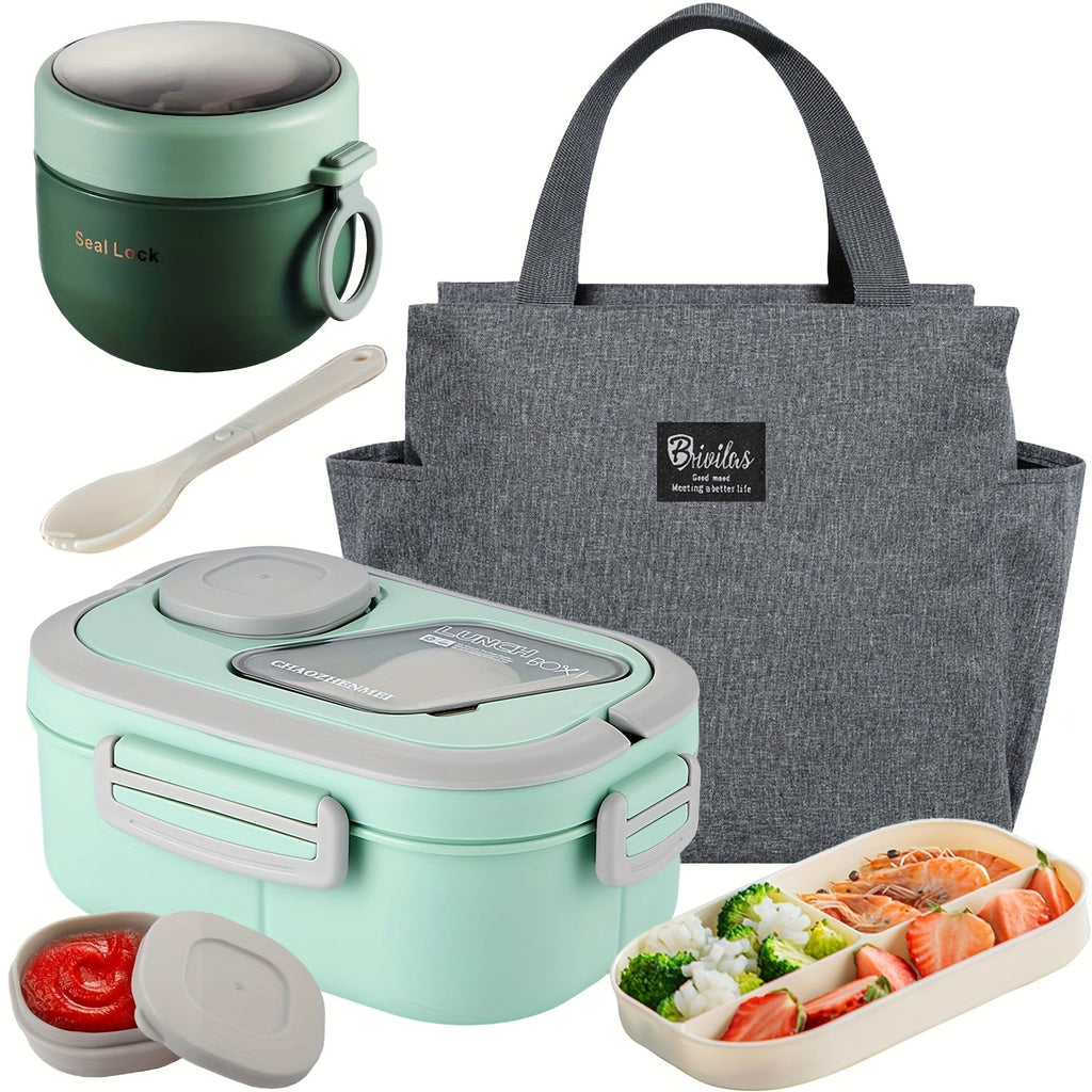2-Layer Bento Lunch Box Set with Cup and Meal Bag - Multi-Grid Lunch Box for School, Office & Outdoor Picnics, Food Storage Container with Milk Cup, Salad Cup, Coffee Cup or Soup Bowl, Pink Blue Green White