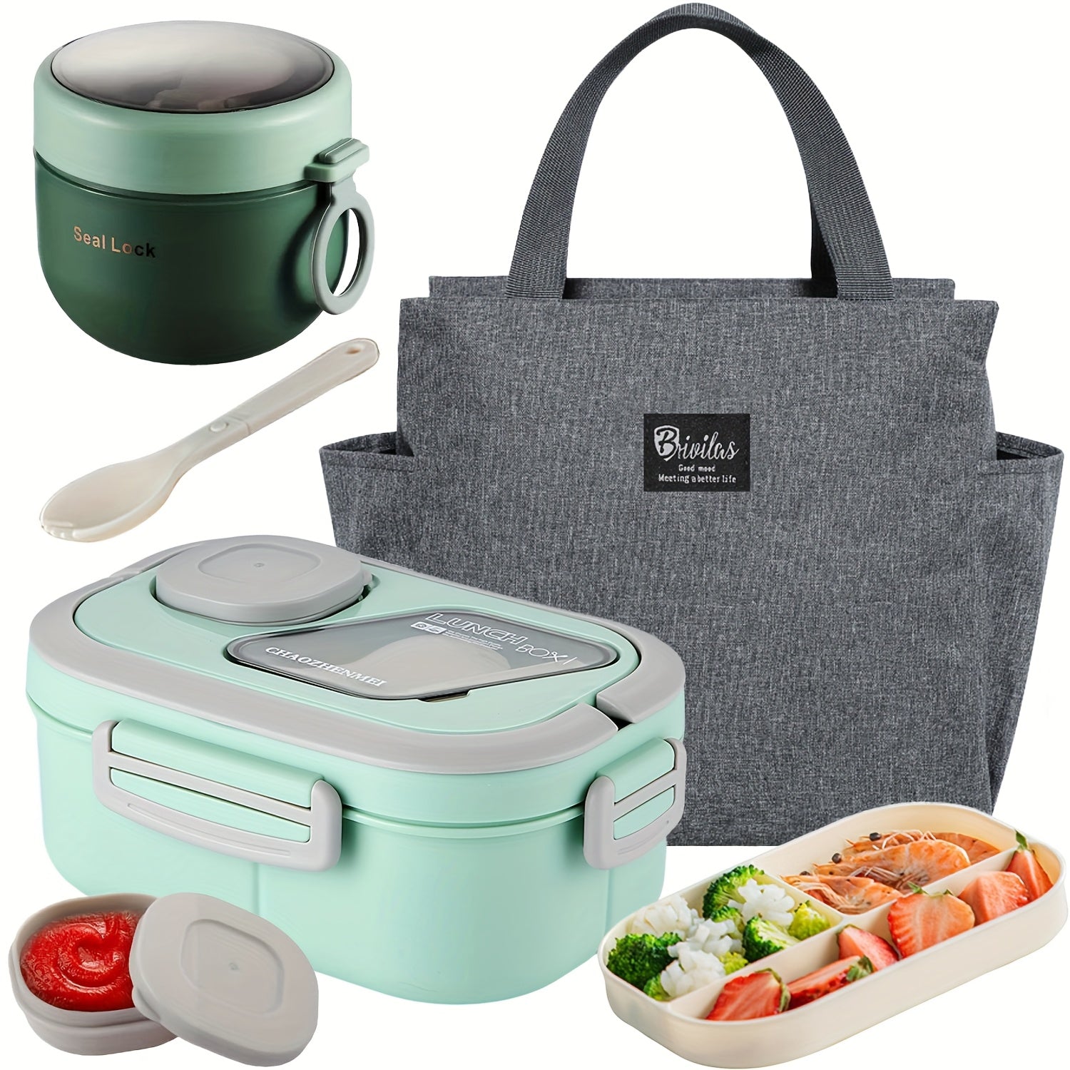2-Layer Bento Lunch Box Set with Cup and Meal Bag - Multi-Grid Lunch Box for School, Office & Outdoor Picnics, Food Storage Container with Milk Cup, Salad Cup, Coffee Cup or Soup Bowl, Pink Blue Green White