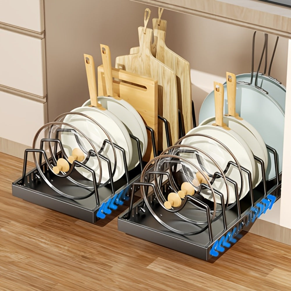 Pull Out Pot and Pan Organizer for Cabinet - Sliding Lid Rack with 8 Adjustable Dividers for Kitchen Cabinet Storage, Drill-Free Installation Pan Holder for Lids Baking Sheets and Cookware, Available in 1 or 2 Pack in Black or White