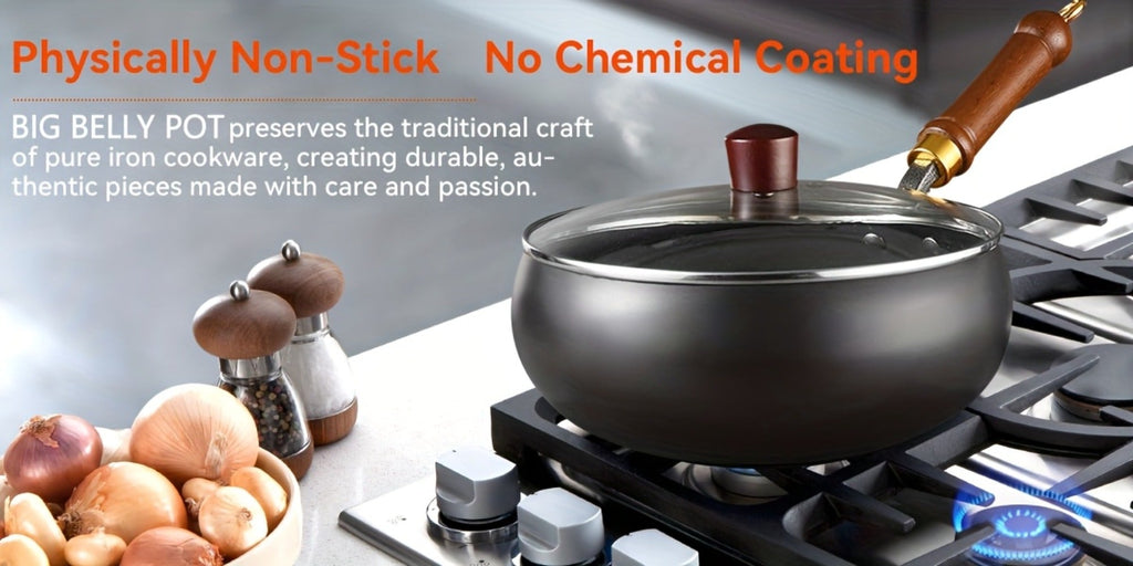 Wok Pan Carbon Steel Japanese Style Large Belly Uncoated Traditional Stir Fry Pan with Heat Resistant Handle Compatible with Gas Induction and All Stovetops for Stir Fry Soup Stew Camping Cooking