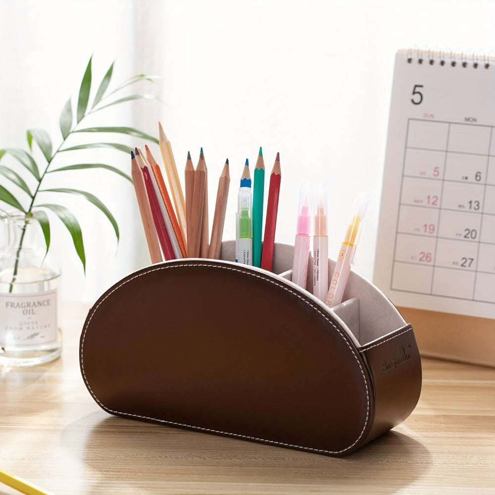 5-Compartment PU Leather Desk Organizer Remote Control Holder Storage Caddy for Office Supplies, Brushes, Pencils & Glasses