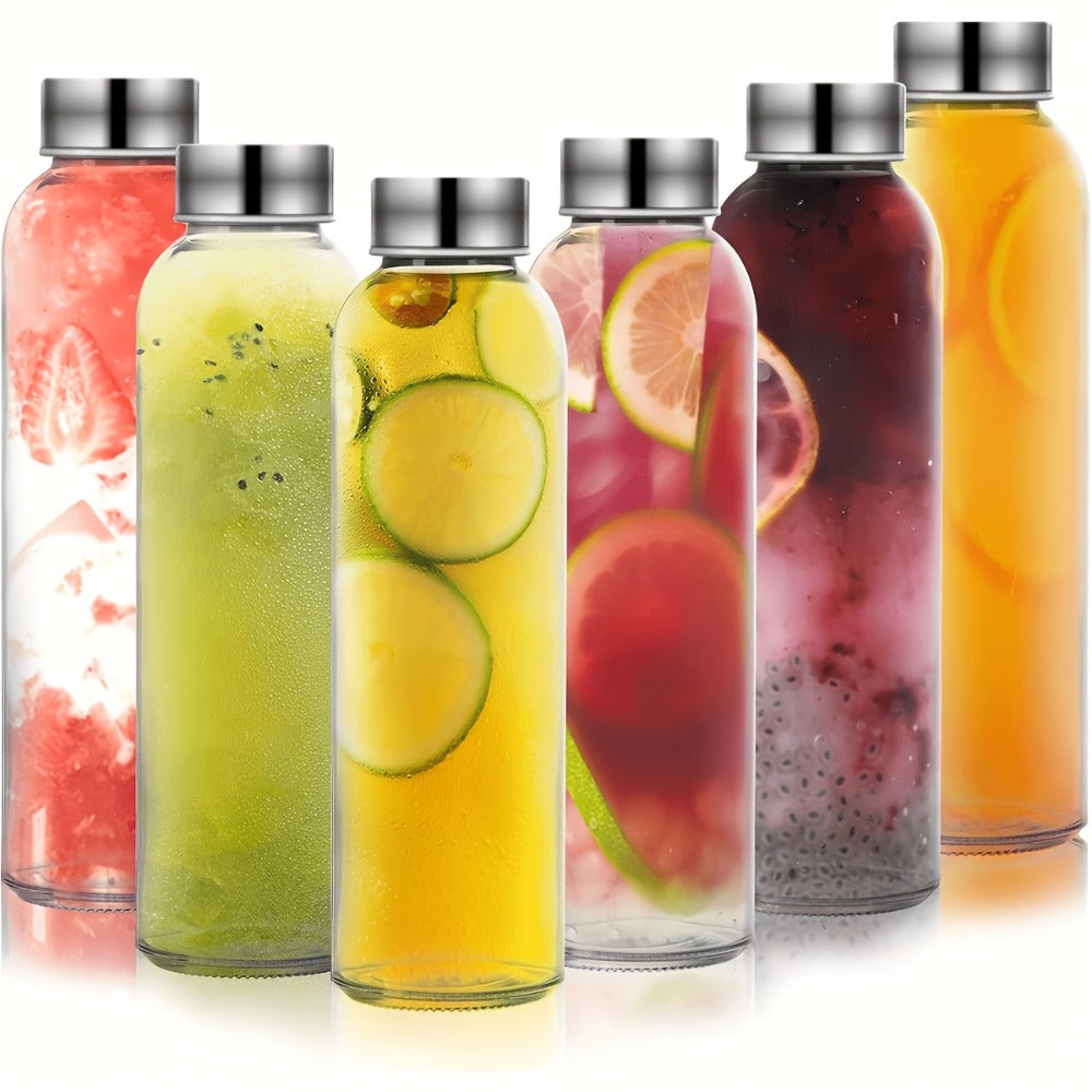 Glass Water Bottles 6 Pack 18oz with Stainless Steel Lids - BPA Free Leakproof Clear Reusable Juice Bottles Refrigerator Safe | Meal Prep Beverage Storage Smoothie Kombucha Home Kitchen