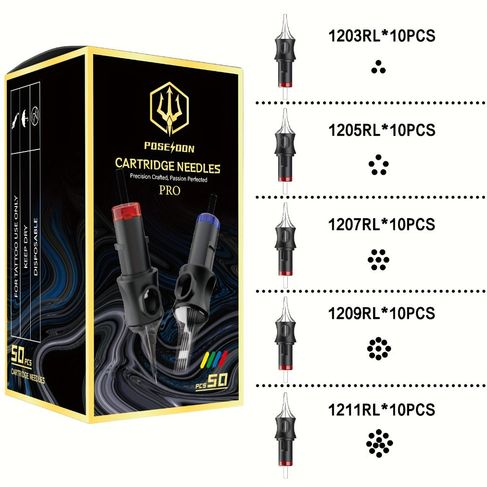 Tattoo Cartridge Needles 50pcs Mixed Size ¨C POSEIDON V5 Disposable Round Liner, Shader & Curved Needles (5RL 7RL 9RL 5RS 7RS 9RS 7RM 7M1 15M1 15RM) with Safety Membrane