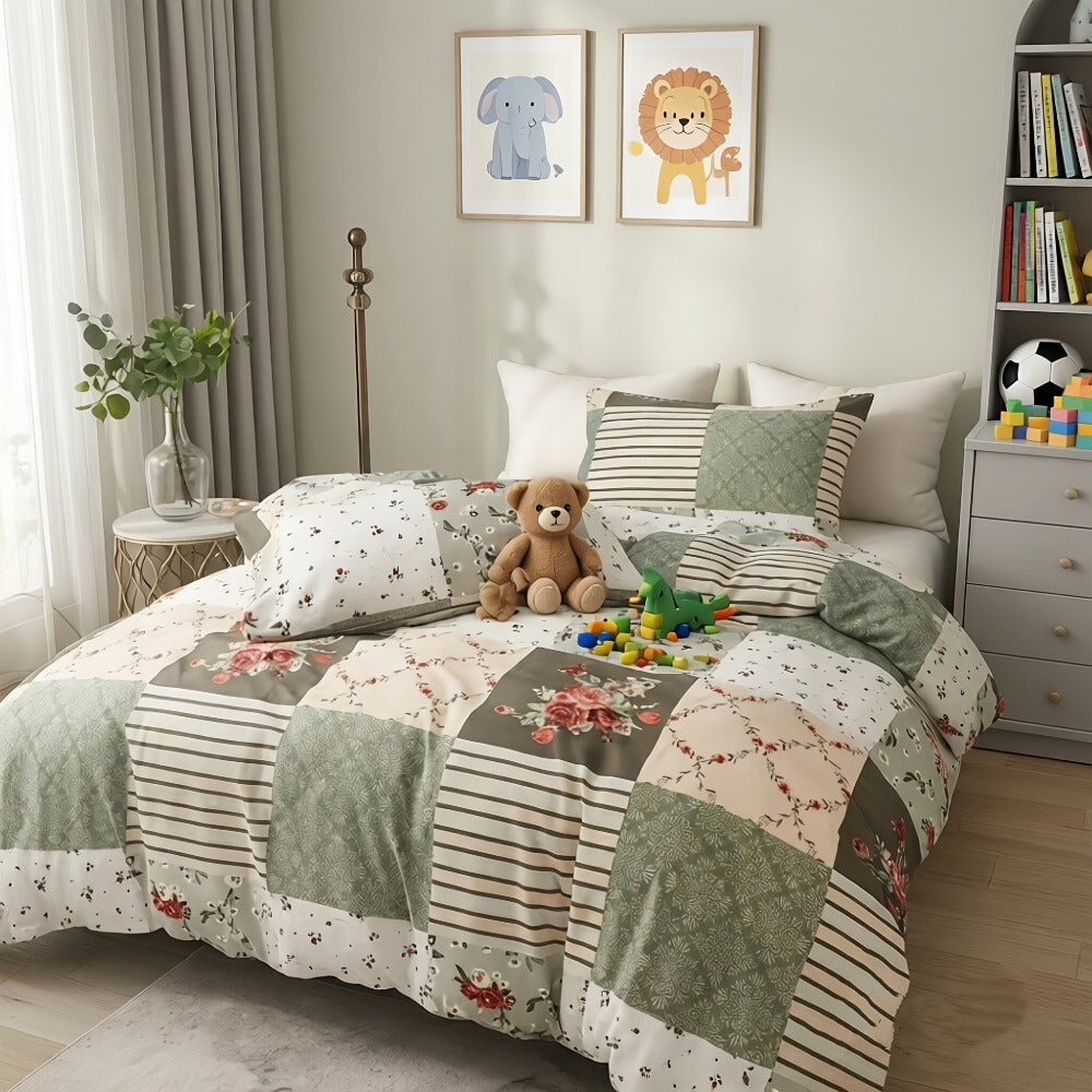 Floral Duvet Cover Set 3 Piece - Zipper Closure Patchwork Comforter Cover with 2 Pillowcases, All-Season Lightweight Kids Bedding Set, Pastoral Flower Plaid Print, Twin Full Queen King
