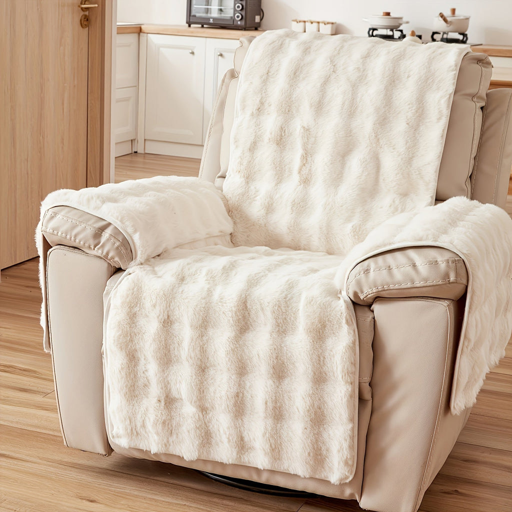Faux Rabbit Fur Recliner Cover Thick Warm Glam Style Non-Slip Pet Friendly Machine Washable Plush Armchair Slipcover for Living Room Office - Coffee Gray White