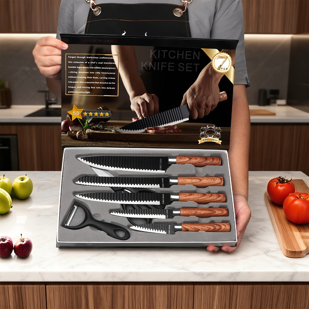 Hand Forged Chef Knife Set with Knife Rack Butcher Knife Bone Cutter Meat Cleaver Vegetable Chopper Kitchen Knife Set for Cooking Camping BBQ Outdoor Hunting Holiday Gift