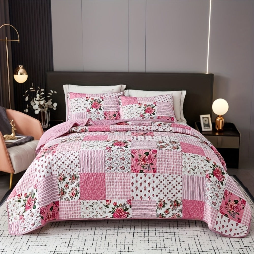 Quilted Bedspread Set 3 Piece Pink Floral Patchwork Comforter Set with 2 Pillowcases, Machine Washable All Season Bed Cover, Soft Breathable Bedroom Bedding Set Twin Full Queen King