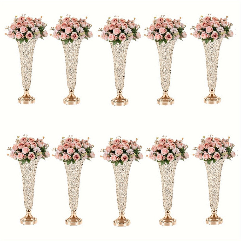 Crystal Trumpet Flower Vase Centerpieces for Wedding Table ¨C Bling Wrought Crystal Vases for Party, Anniversary, Birthday, Banquet & Home Decor, Gold & Silver, 2pcs or 10pcs Set