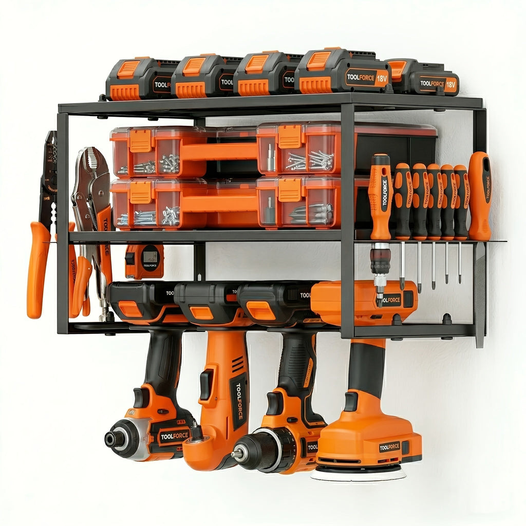 Power Drill Holder Wall Mount ¨C Heavy Duty Tool Storage Rack with 3/4 Layer Floating Shelf | Cordless Drill Organizer | 4/6/8 Drill Holders Workshop Tool Rack for Garage & Workshop Organization