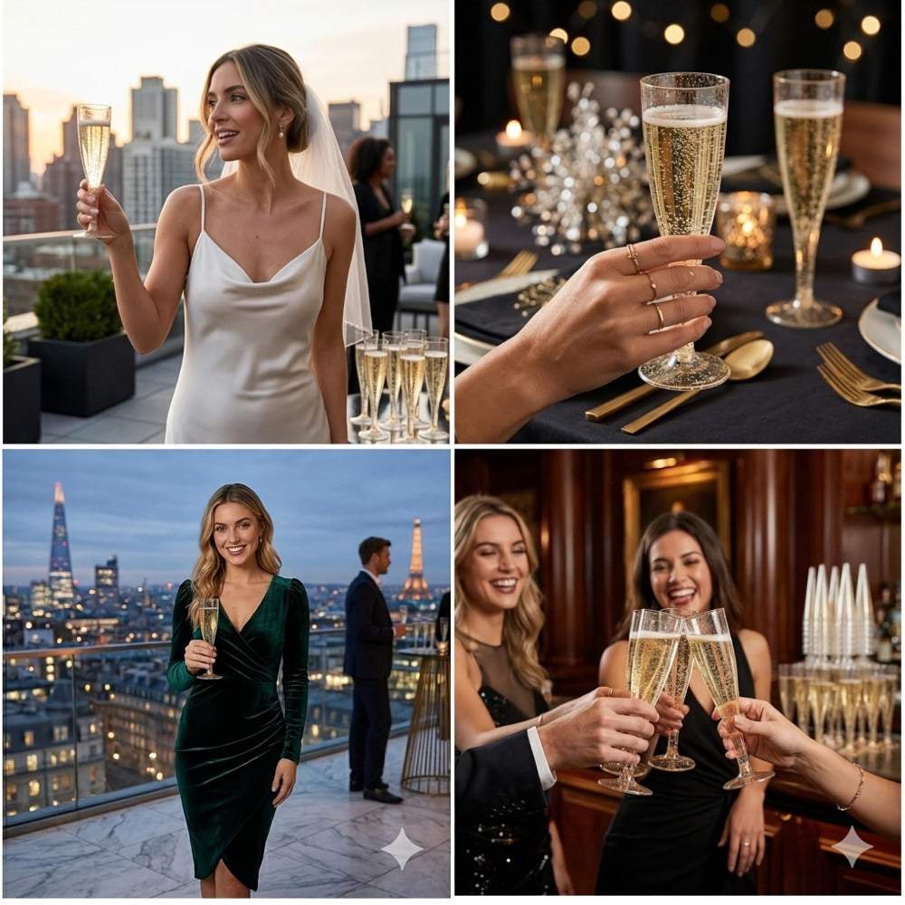 Plastic Champagne Flutes Bulk 25 50 Pack Disposable Reusable Golden Glitter Champagne Glasses Stackable Food-Grade PS Party Cups for Wedding Birthday New Year Picnic Brunch Events
