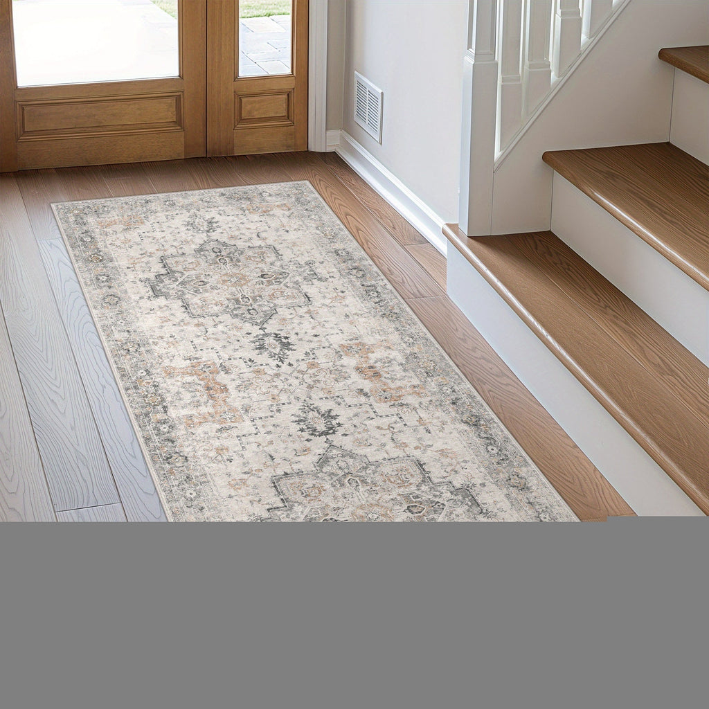 Runner Rug Machine Washable Non-Slip Vintage Hallway Area Rug Low Pile Lightweight Boho Floral for Entryway Kitchen Corridor Light Taupe Brown