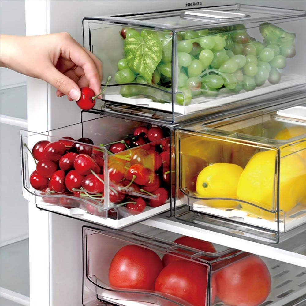 Stackable Fridge Organizer Bins with Drain Board 2 Pack, BPA-Free Refrigerator Drawer Organizer for Produce Fruit Vegetable, Reusable Food Storage Containers for Kitchen