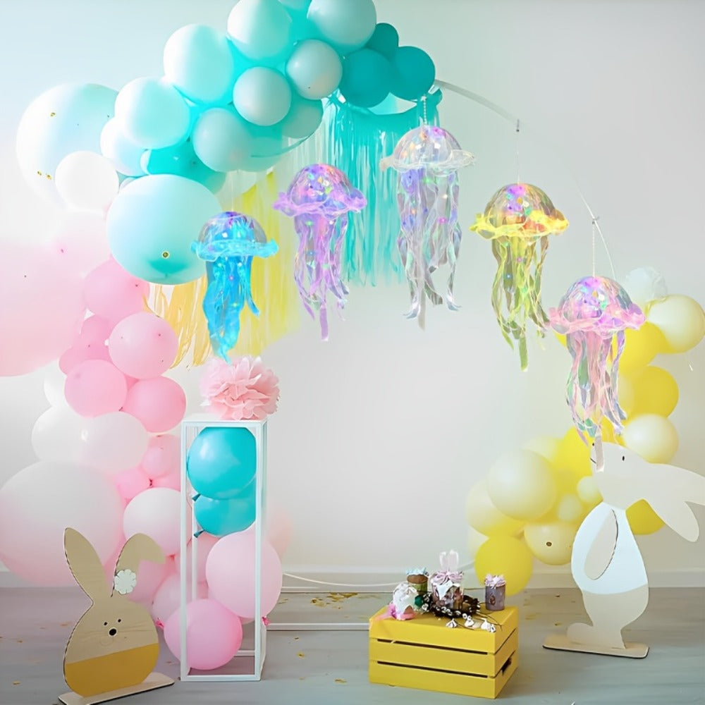 Jellyfish Lantern Party Decorations 5 Pack ¨C Colorful Translucent Ribbon Hanging Lights for Halloween Christmas Wedding Birthday, Indoor Outdoor Festive Event Decor (Crystal Ribbon / Set)