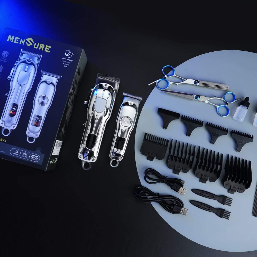 Professional Hair Clipper & Beard Trimmer Set - MENSURE Cordless 6000RPM Hair Cutting Kit with T-Blade Trimmer, 7 Guide Combs, LED Display & Type-C Fast Charging, Barber Kit for Men Home & Salon Use