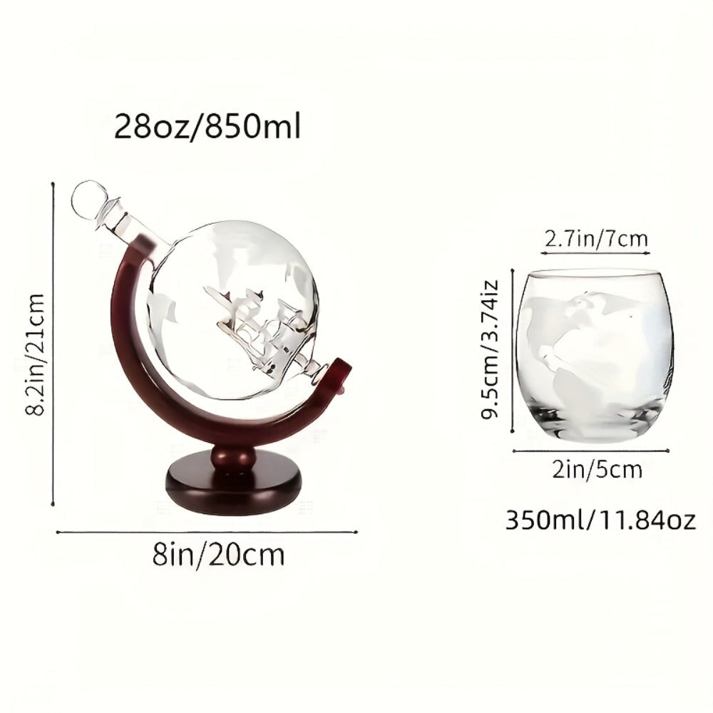 Whiskey Decanter Set with Glasses and Wooden Stand Ball Globe 28oz or Sailboat 44oz Etched Crystal Glass Cups for Whiskey Bourbon Scotch Birthday Wedding Anniversary Gift