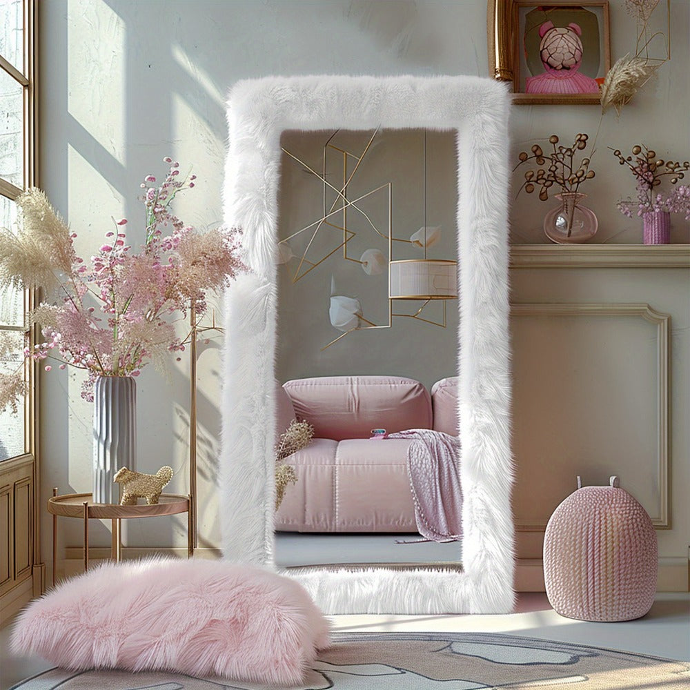 Full Length Mirror with Faux Fur Frame 24x63 Inch Leaning Floor Mirror for Bedroom Living Room Hallway Vanity Dressing Mirror Pink Gray White