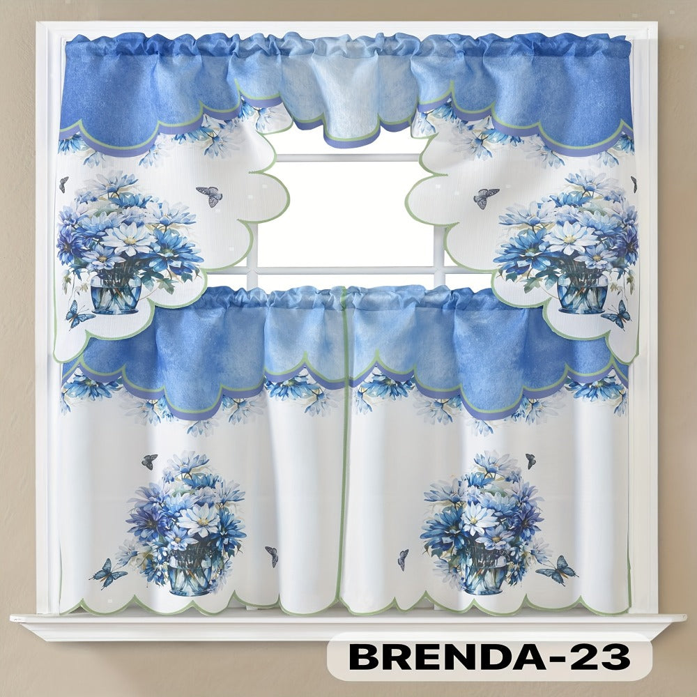 Kitchen Curtains 3 Piece Set Embroidered Satin Valance and Tiers - Rod Pocket Light Filtering Machine Washable 46 Colors Available All Season Home Decor