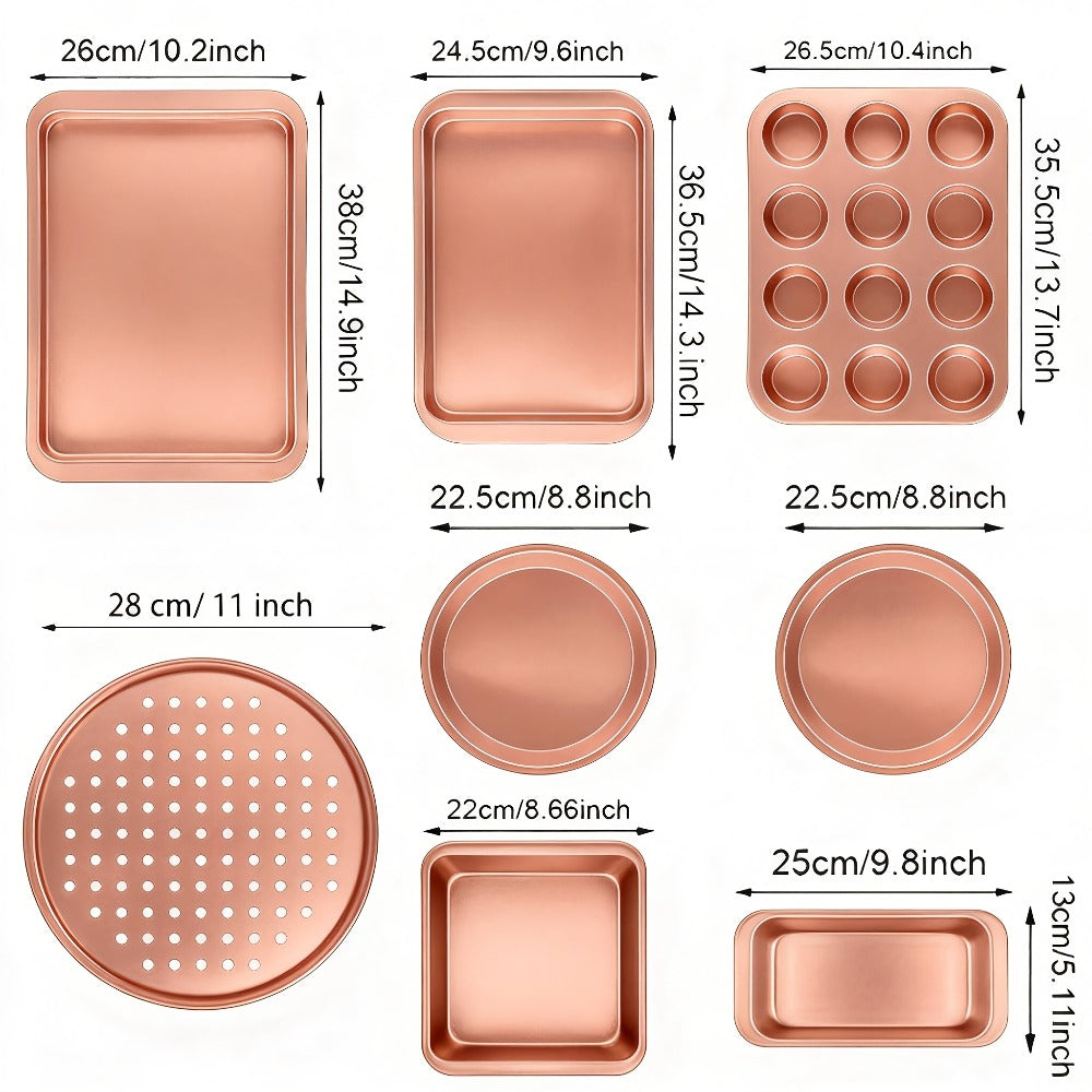 Nonstick Bakeware Pan Set, 8-Piece Carbon Steel Oven Baking Set with Cookie Sheet, 2 Round Cake Pans, Square Pan, Bread Pan, Pizza Pan & 12-Cup Muffin Pan, Complete Kitchen Baking Supplies