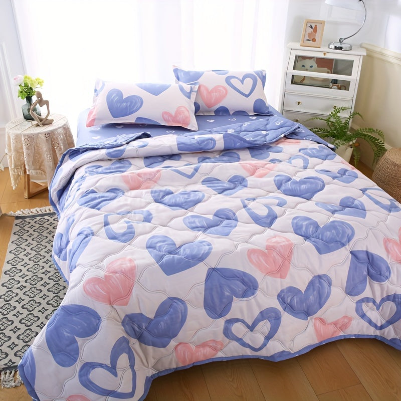 Summer Cooling Quilt Set 3-Piece, Skin-Friendly Thin Comforter with Embossed Print, Soft Breathable Four-Season Lightweight Quilt + 2 Pillowcases for Bedroom Hotel Sofa Single Double Full