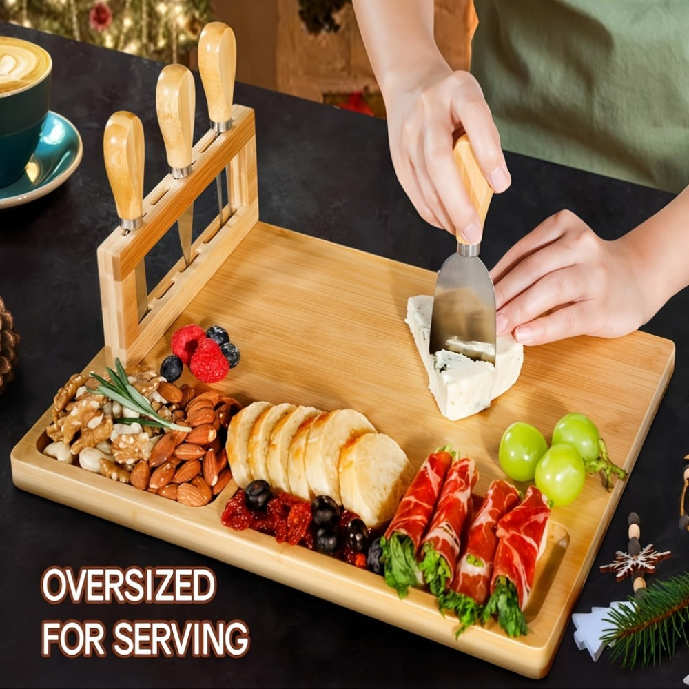 Charcuterie Board Set with Knives Large Bamboo Cheese Board Meat Platter Appetizer Tray with 4 Stainless Steel Knives Perfect for Party Wedding Christmas Birthday Gift