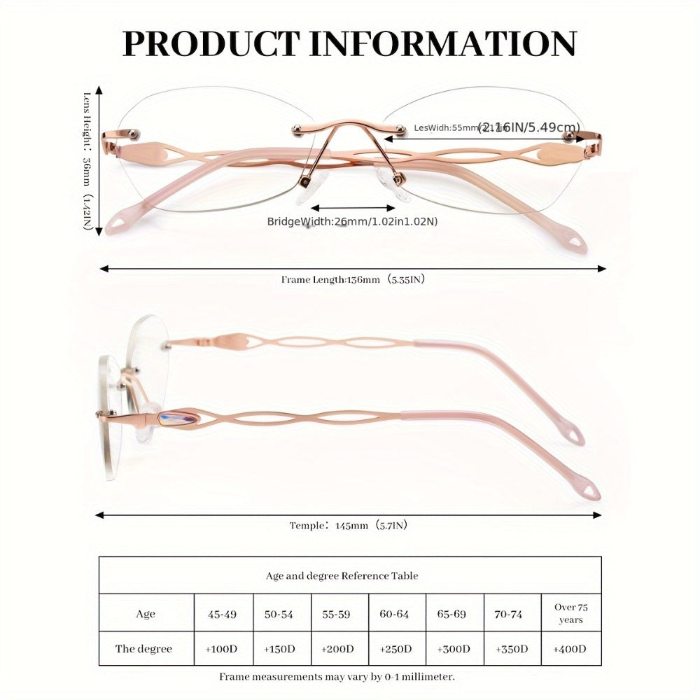 Rimless Reading Glasses for Women 3 Pack - Blue Light Blocking Lightweight Metal Frameless Readers with Anti Eyestrain Lenses, Multiple Colors and Magnifications 1.0X to 4.0X