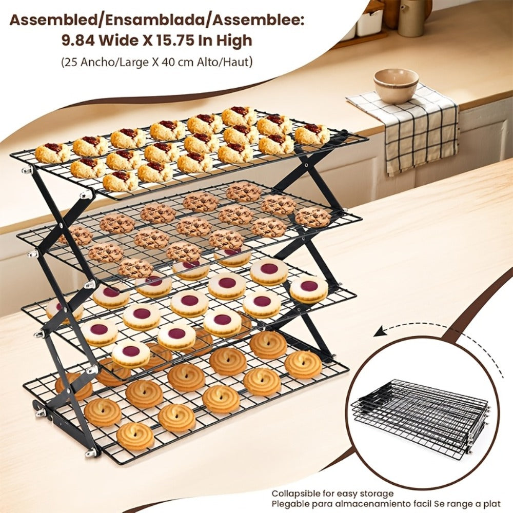4-Tier Collapsible Cooling Rack Set with Muffin Cups - Metal Wire Baking Rack for Cookies Cakes Bread Roasting BBQ Countertop Kitchen Drying Rack