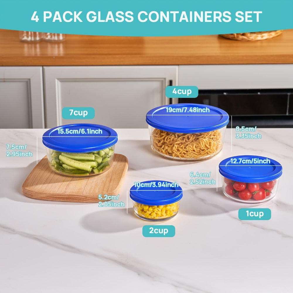 4-Pack Glass Food Storage Bowls with Lids Set of 4 Sizes 1 2 4 7 Cup Borosilicate Glass Meal Prep Containers Microwave Dishwasher Freezer Safe BPA Free Kitchen Storage