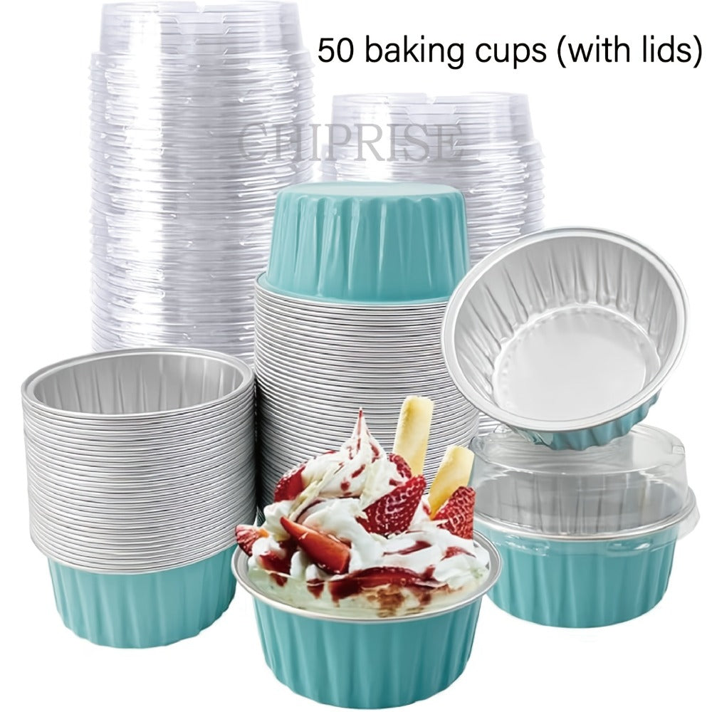Aluminum Foil Baking Cups with Lids, Disposable Cupcake Molds with Spoons, Oven Safe Foil Dessert Cups for Pudding Muffins Mousse, Party Baking Supplies for Weddings Birthdays, 30 or 50 Sets