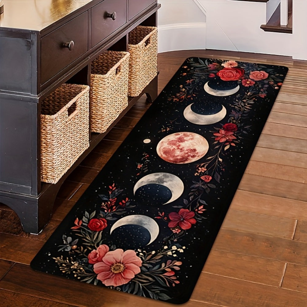 Bohemian Moon Phase Floral Area Rug Non-Slip Washable Rectangle Mat, Artistic Decorative Kitchen Runner for Hardwood Floors, Bedroom, Living Room, Laundry Room, Entryway and Hallway Home Decor